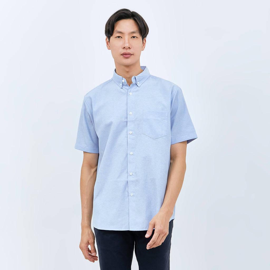 M231 Kemeja Pria Basic Polos Oxford Pendek Warna Biru 1457J