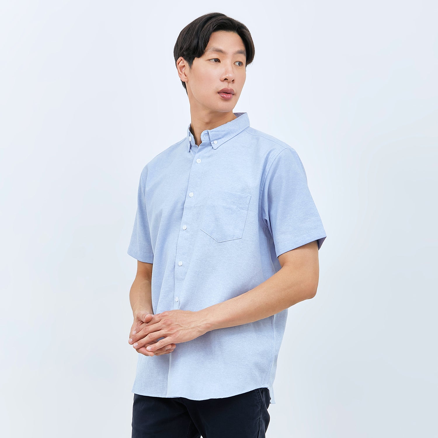 M231 Kemeja Pria Basic Polos Oxford Pendek Warna Biru 1457J