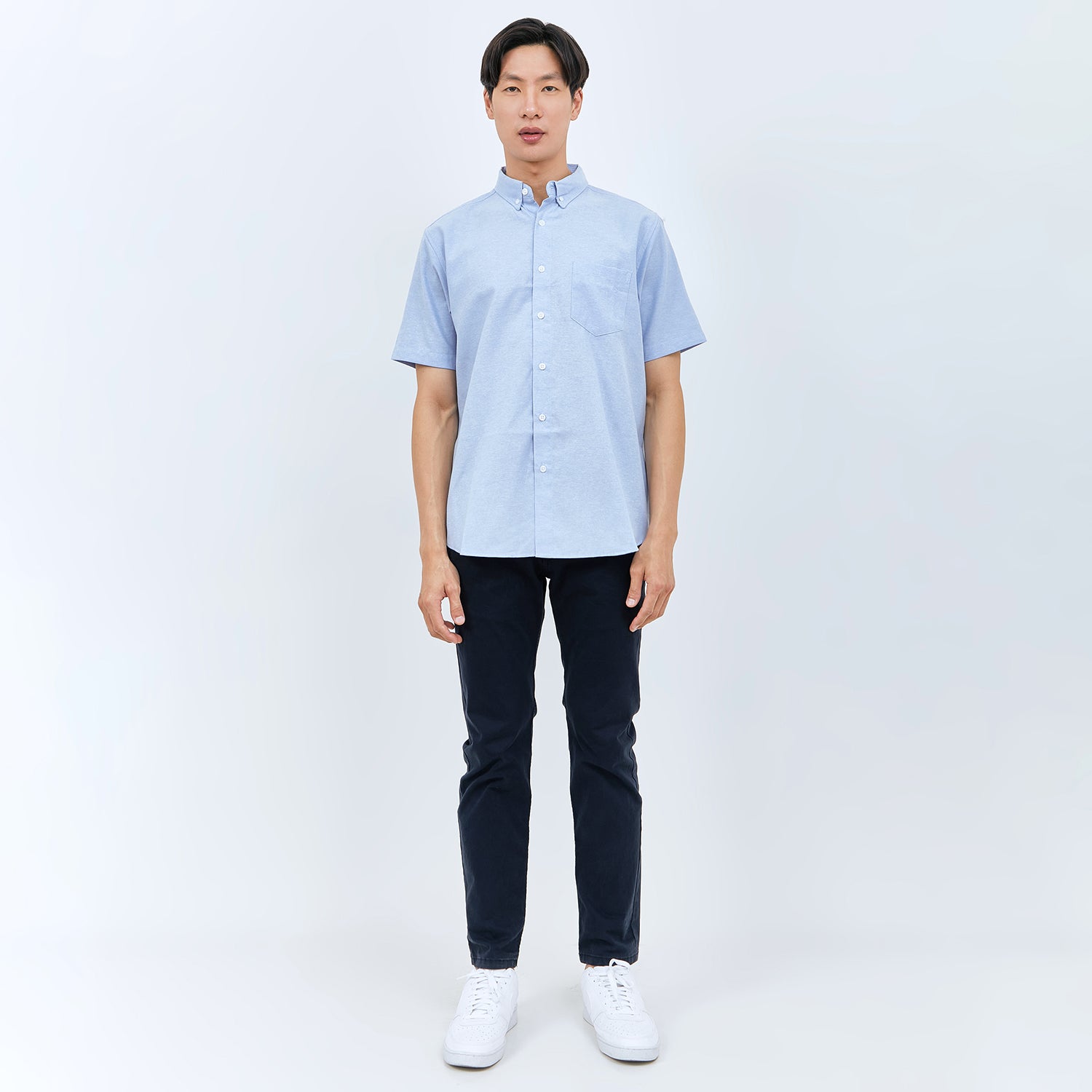 M231 Kemeja Pria Basic Polos Oxford Pendek Warna Biru 1457J