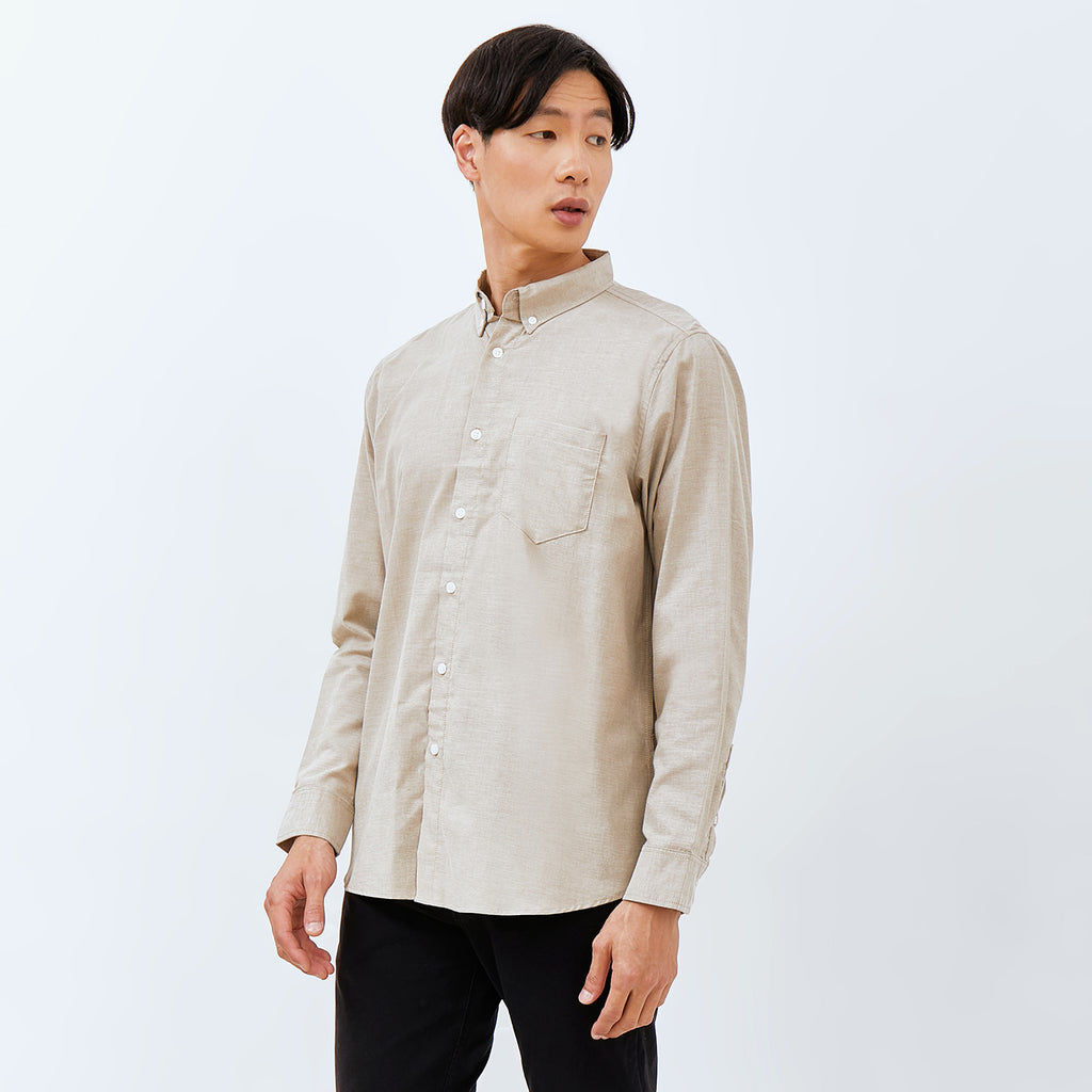 M231 Kemeja Pria Basic Polos Oxford Panjang Warna Khaki 1456A