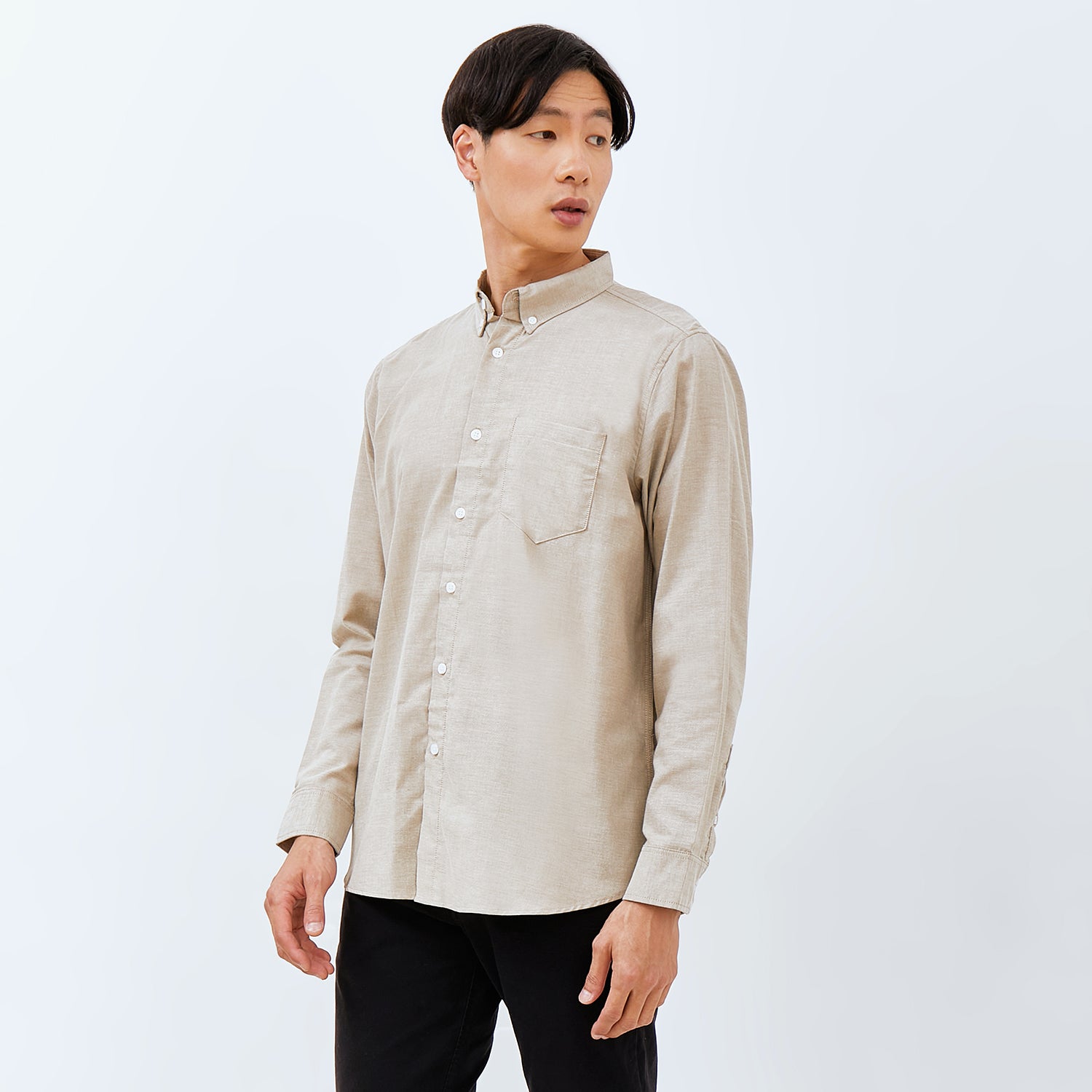 M231 Kemeja Pria Basic Polos Oxford Panjang Warna Khaki 1456A