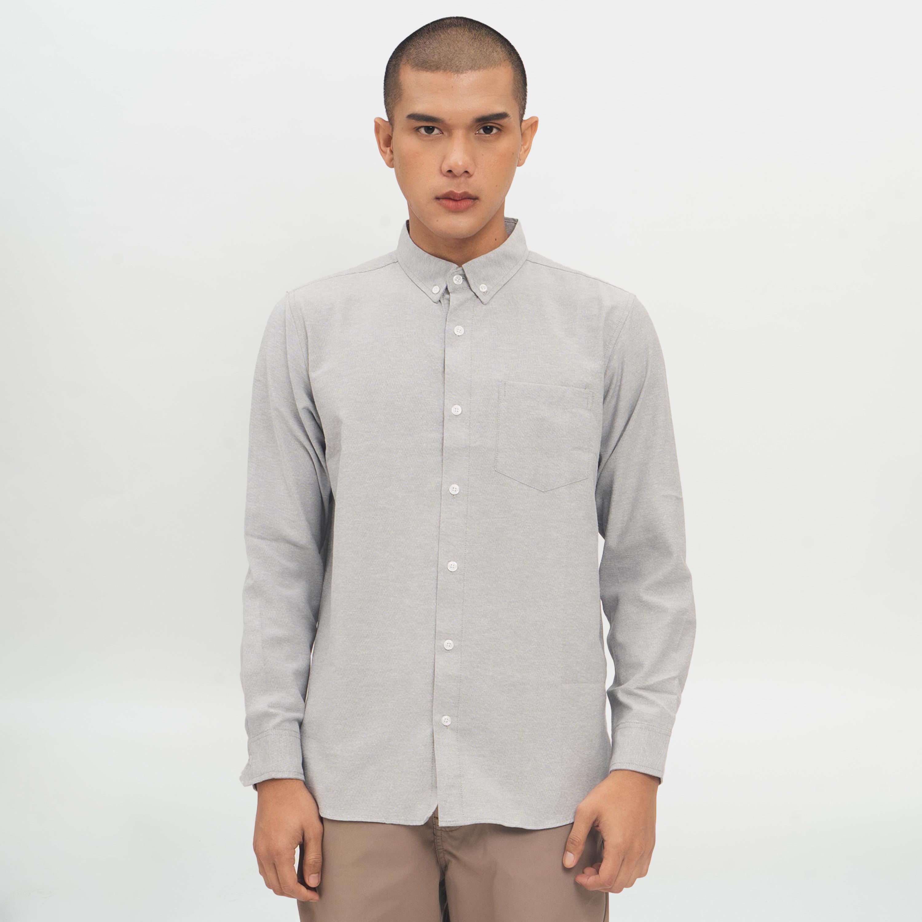 M231 Kemeja Pria Basic Polos Oxford Panjang Warna Abu 1456B
