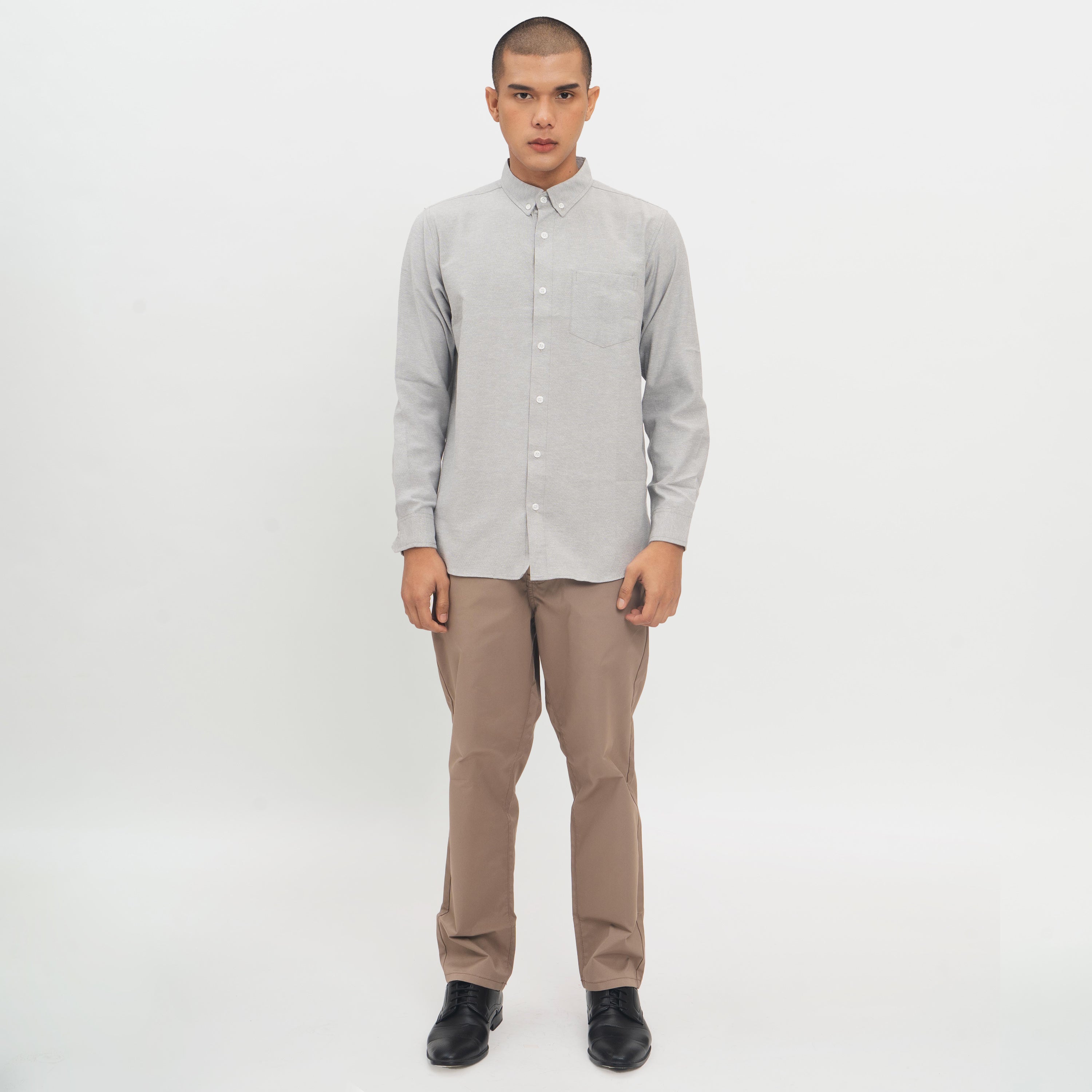 M231 Kemeja Pria Basic Polos Oxford Panjang Warna Abu 1456B