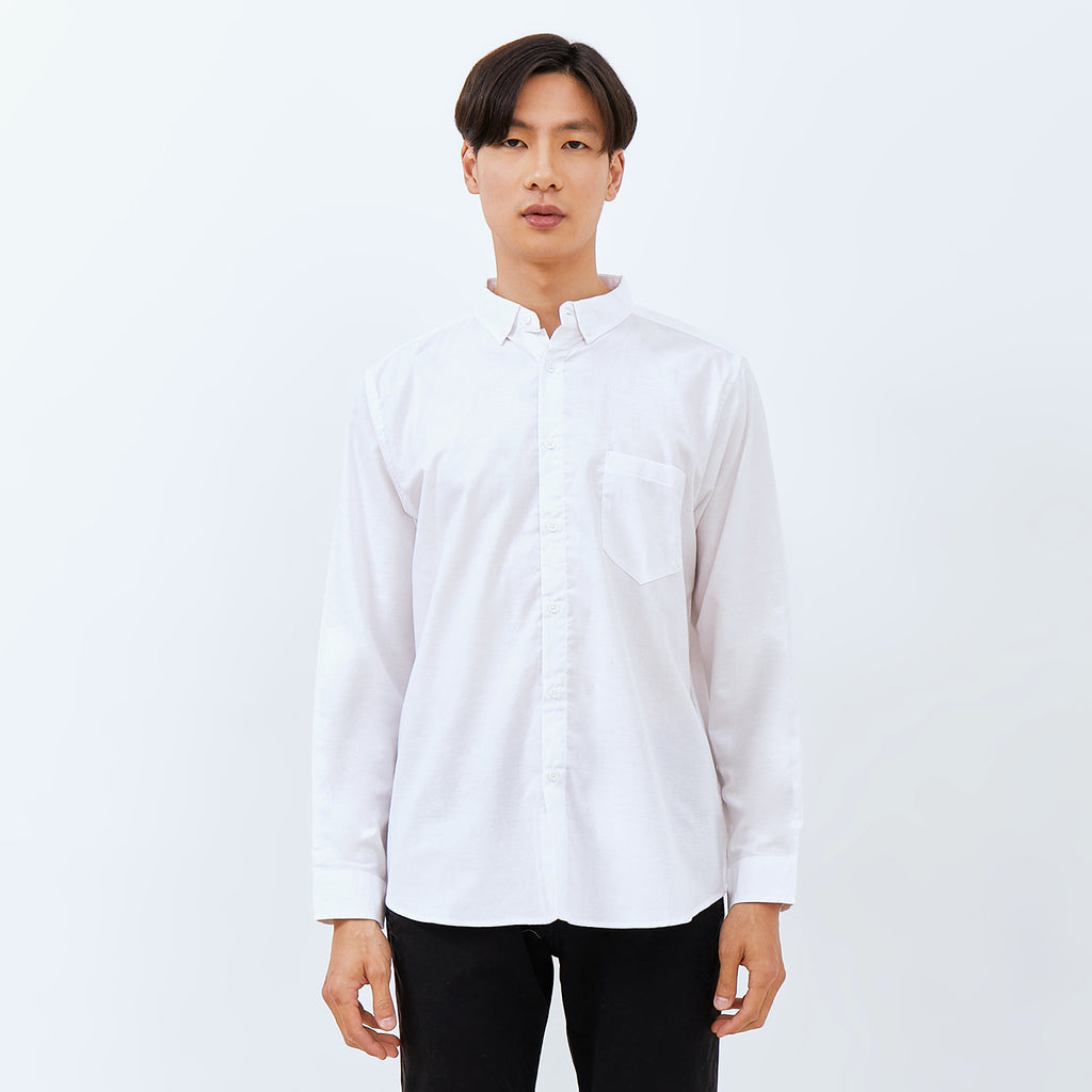 M231 Kemeja Pria Basic Polos Oxford Panjang Warna Putih 1456E