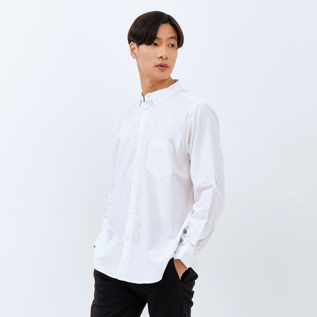 M231 Kemeja Pria Basic Polos Oxford Panjang Warna Putih 1456E