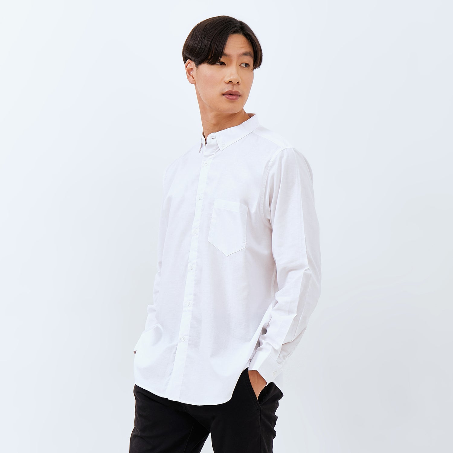 M231 Kemeja Pria Basic Polos Oxford Panjang Warna Putih 1456E