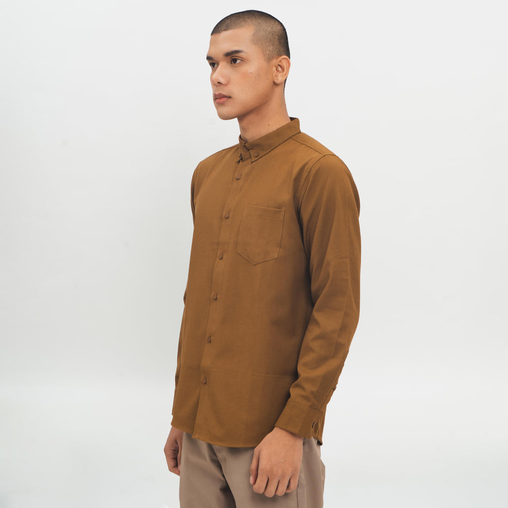 M231 Kemeja Pria Basic Polos Oxford Panjang Coklat 1456R