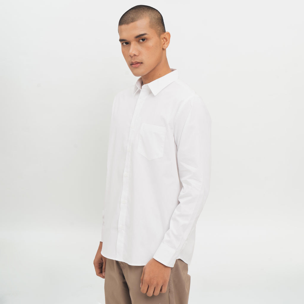 M231 Kemeja Pria Basic Polos Oxford Panjang Warna Putih 1468A