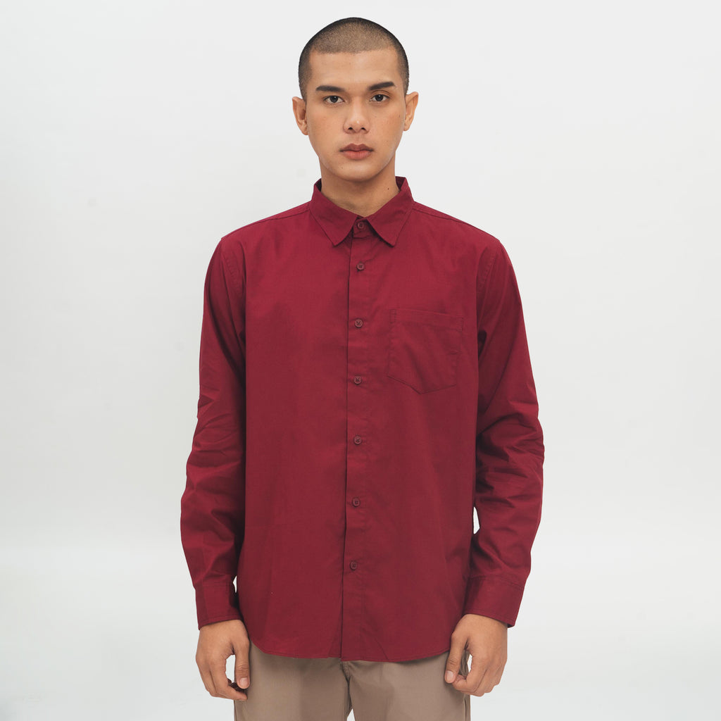 M231 Kemeja Pria Basic Polos Oxford Panjang Warna Maroon 1468B