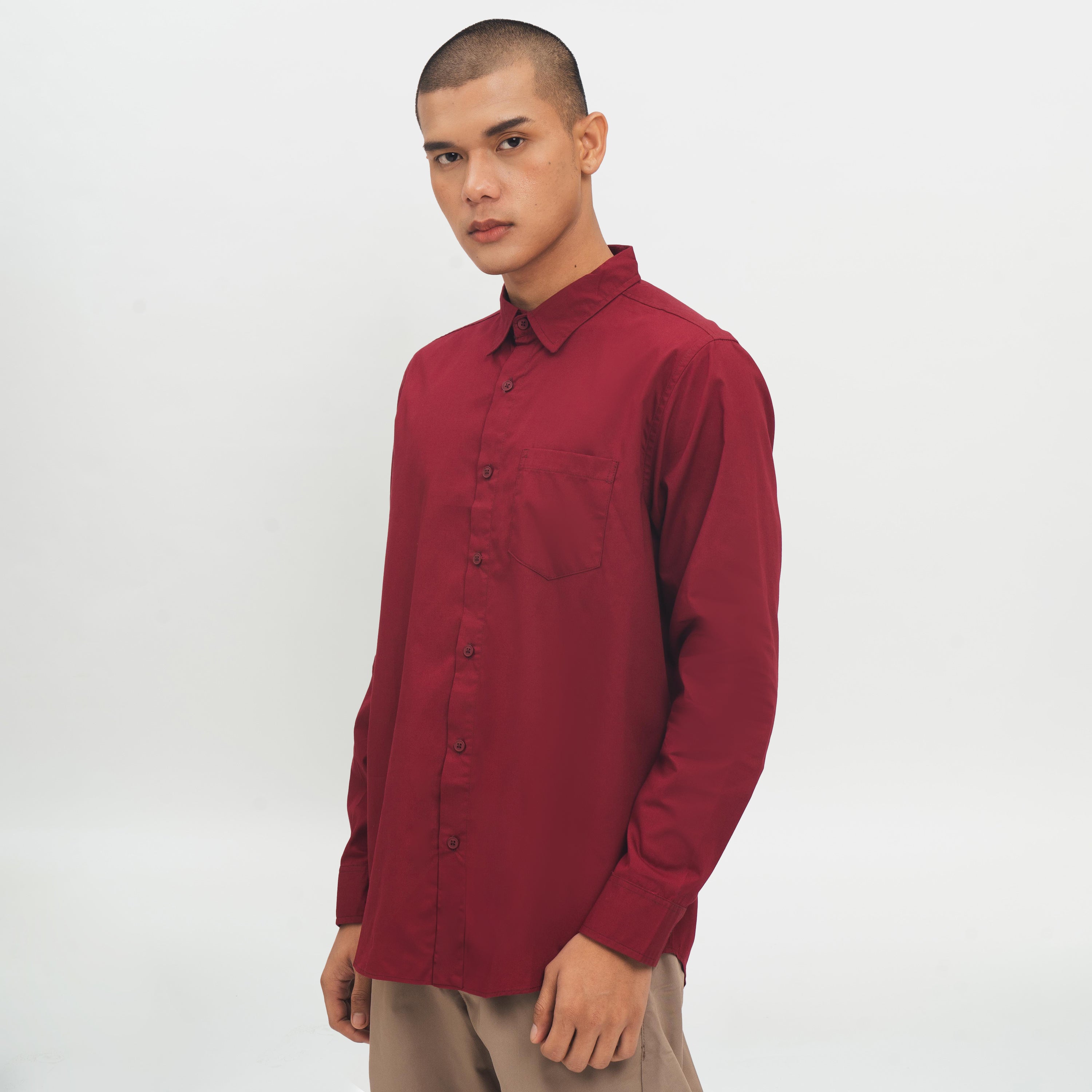 M231 Kemeja Pria Basic Polos Oxford Panjang Warna Maroon 1468B