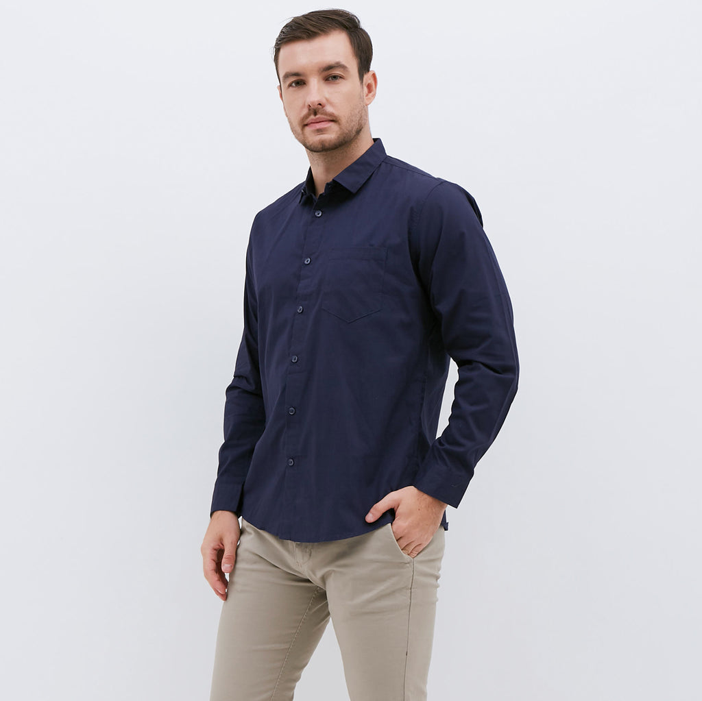 M231 Kemeja Pria Basic Polos Oxford Panjang Warna Navy 1468C