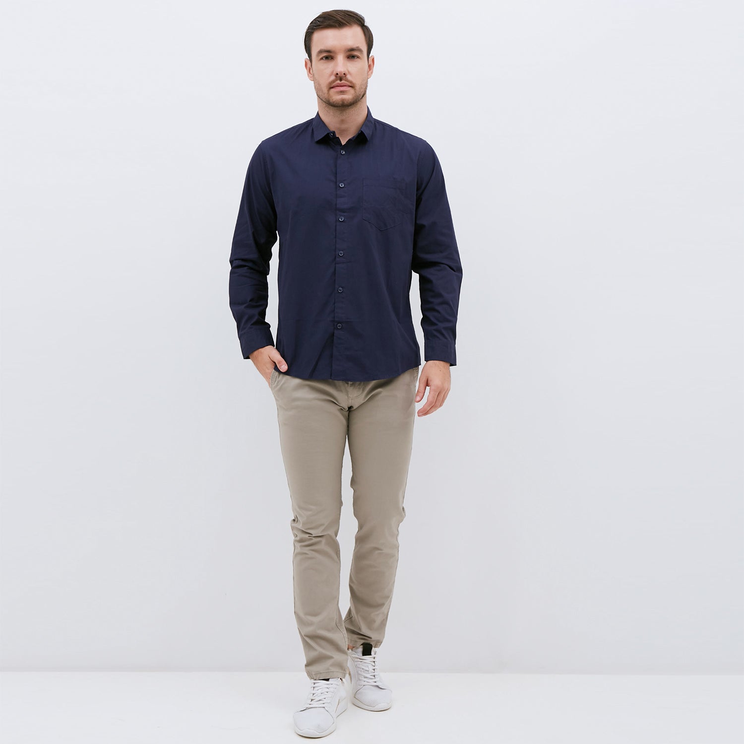 M231 Kemeja Pria Basic Polos Oxford Panjang Warna Navy 1468C