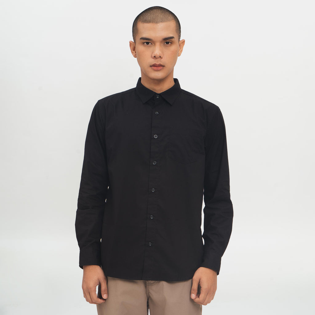 M231 Kemeja Pria Basic Polos Oxford Panjang Warna Hitam 1468D