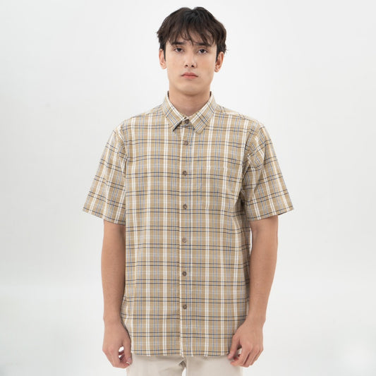 M231 Kemeja Pria Yarn Dyed Kotak Pendek Cream 0672