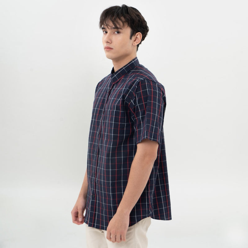 M231 Kemeja Pria Yarn Dyed Kotak Pendek Navy 0675