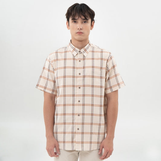 M231 Kemeja Pria Yarn Dyed Kotak Pendek Khaki 0463