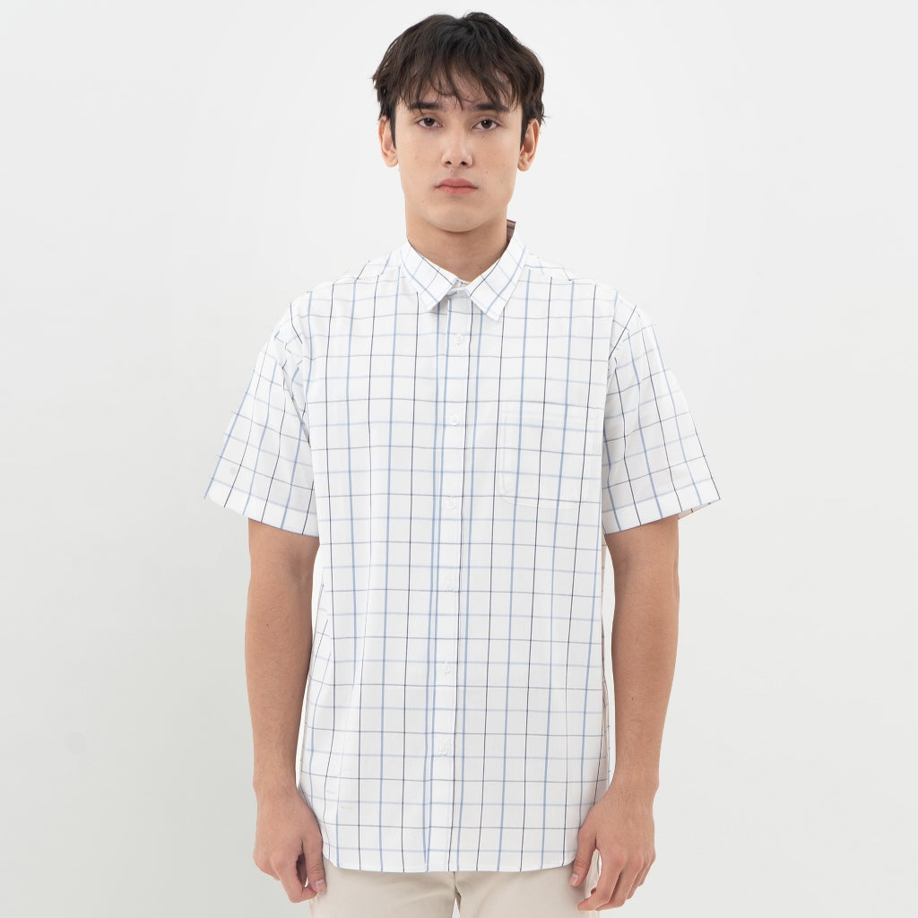 M231 Kemeja Pria Yarn Dyed Kotak Pendek Putih 0673