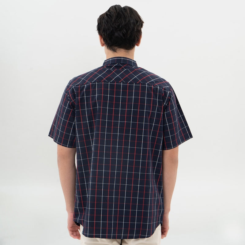 M231 Kemeja Pria Yarn Dyed Kotak Pendek Navy 0675