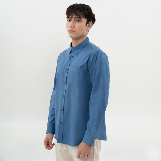 M231 Kemeja Pria Basic Polos Panjang Biru Denim 0642H