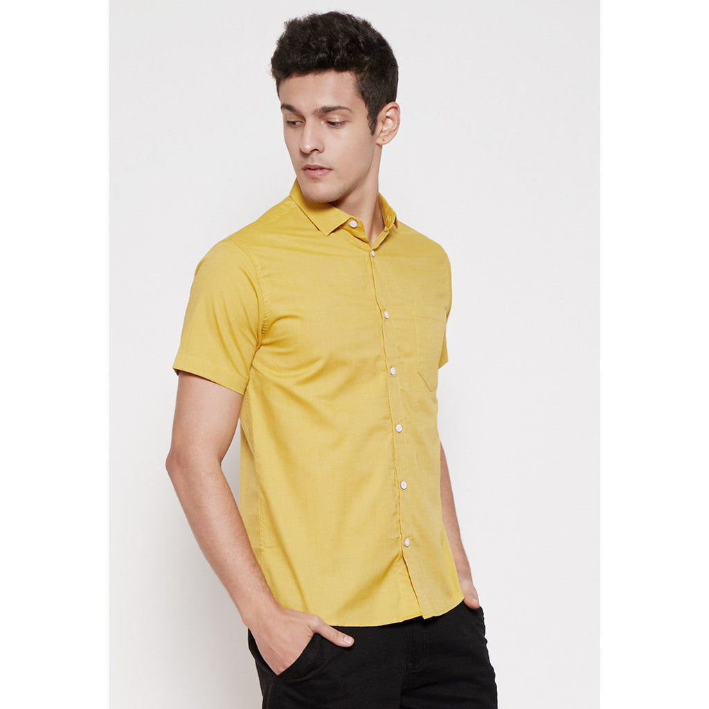 M231 Kemeja Pria Basic Polos Oxford Pendek Warna Kuning 1457N
