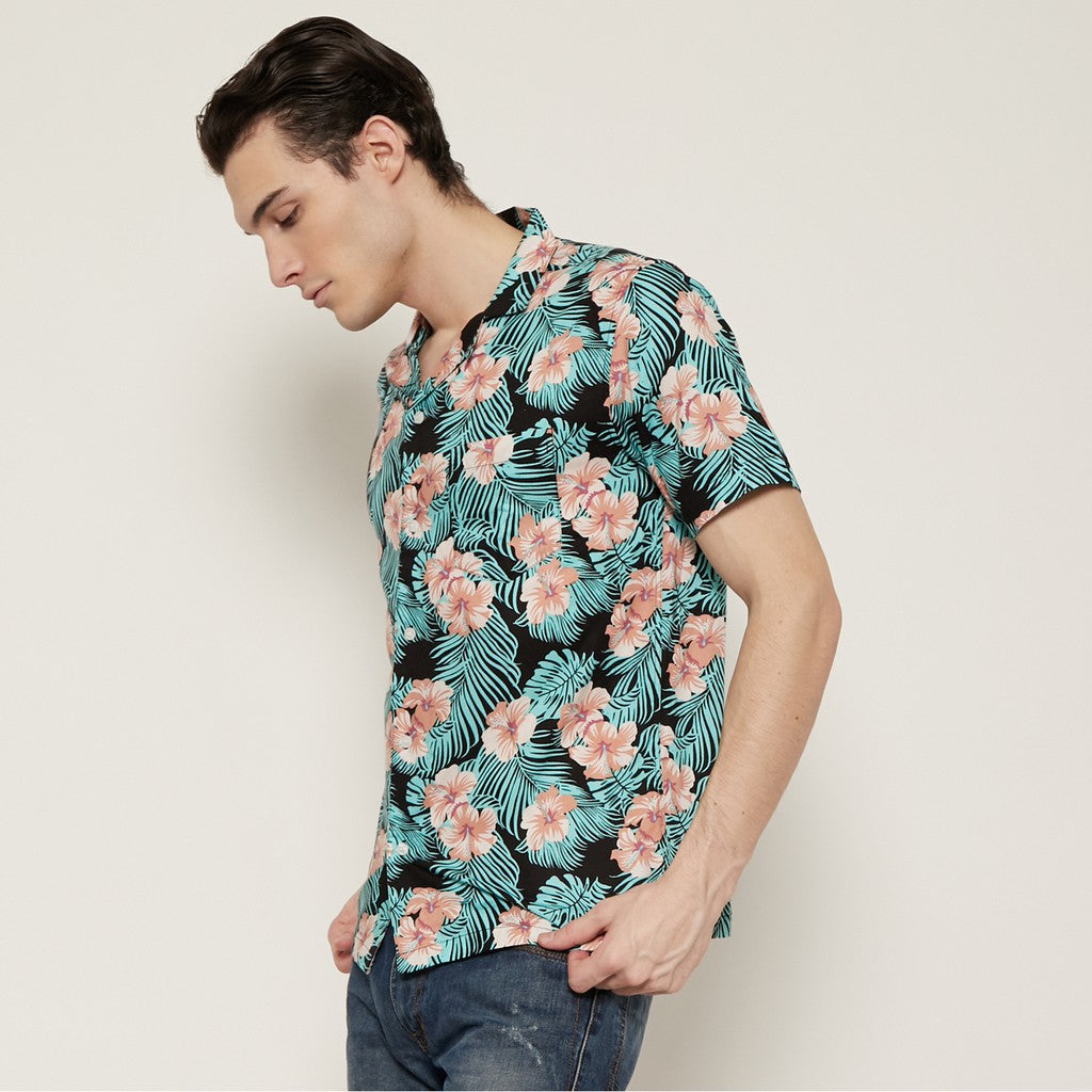 M231 Kemeja Pria Printing Hawaii Pendek Warna Hitam Tosca 0548B