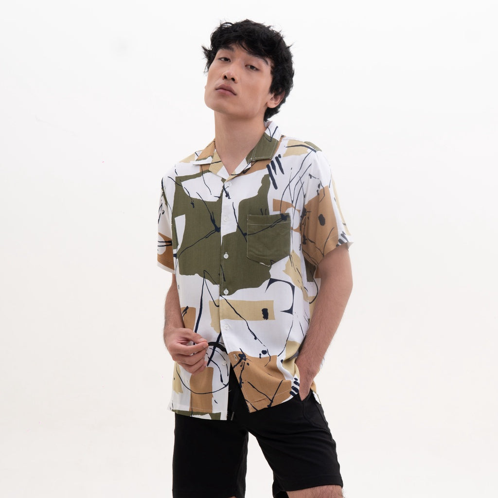 M231 Kemeja Pria Printing Hawaii Pendek Navy 2211B