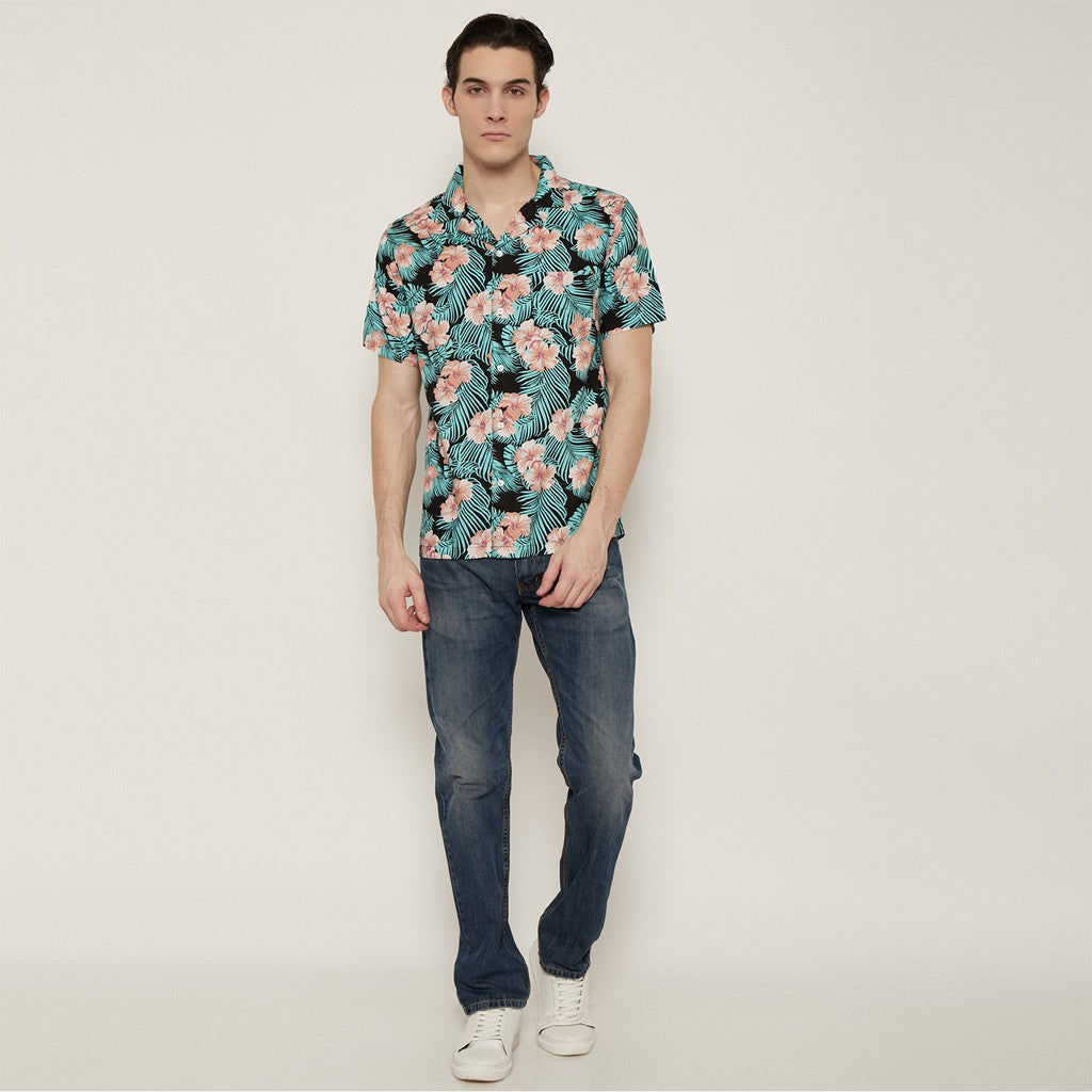 M231 Kemeja Pria Printing Hawaii Pendek Warna Hitam Tosca 0548B