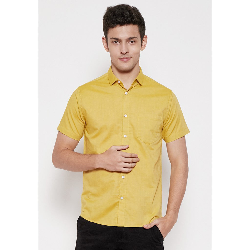 M231 Kemeja Pria Basic Polos Oxford Pendek Warna Kuning 1457N