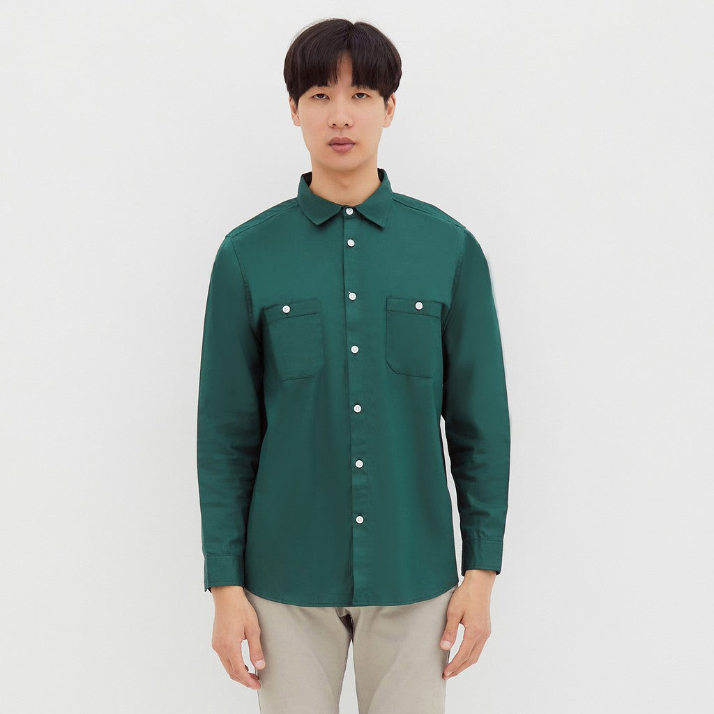 M231 Kemeja Pria Basic Polos Oxford Panjang Hijau Tua 2233I