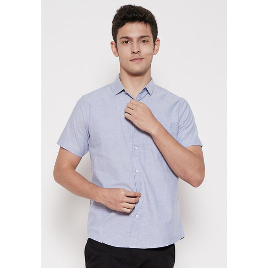 M231 Kemeja Pria Basic Polos Oxford Pendek Warna Biru 1457I