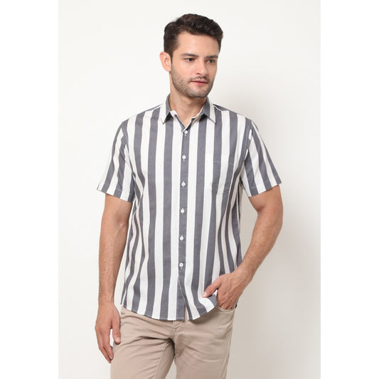 M231 Kemeja Pria Salur Stripe Pendek Warna Abu 1638