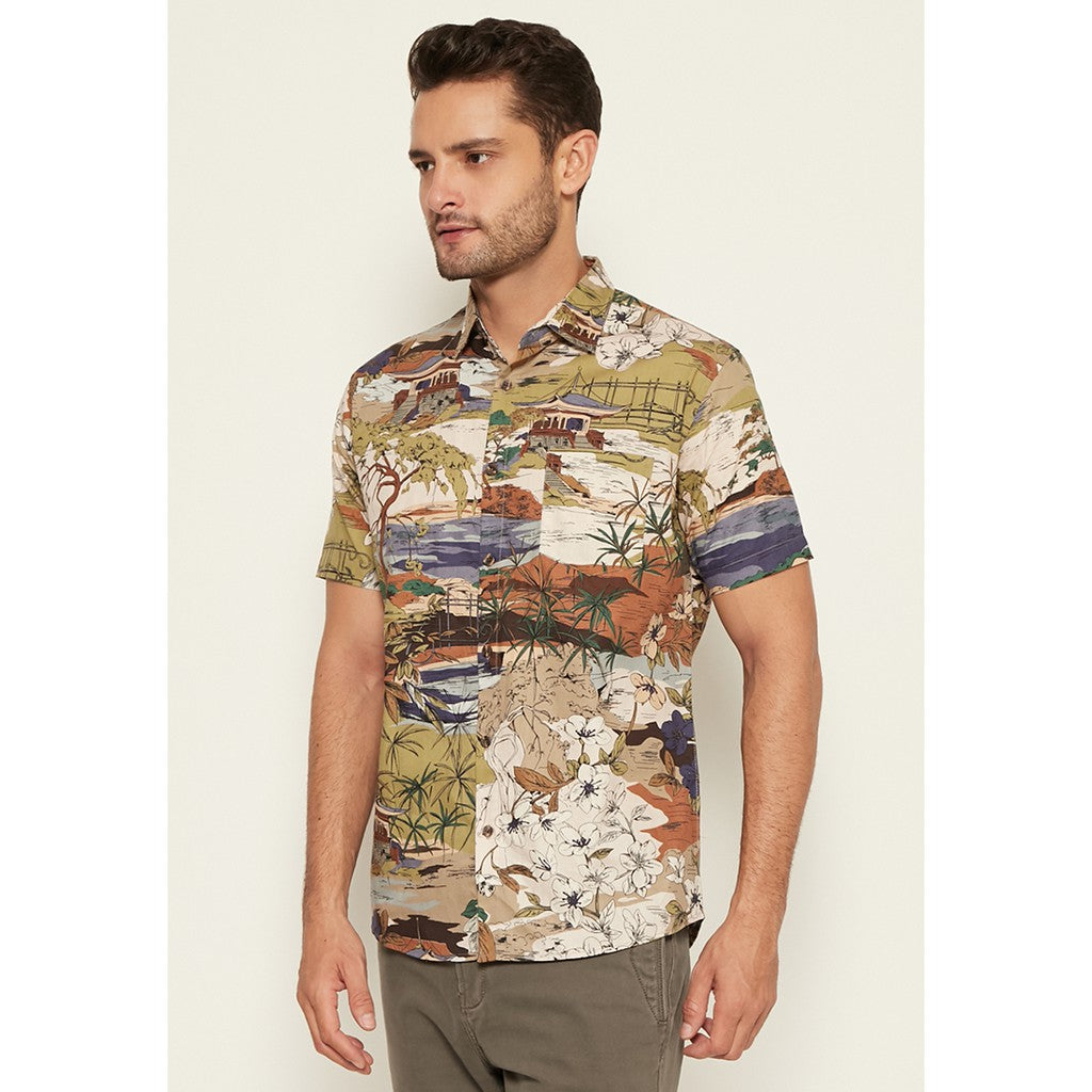 M231 Kemeja Pria Printing Pendek Warna Olive 1676