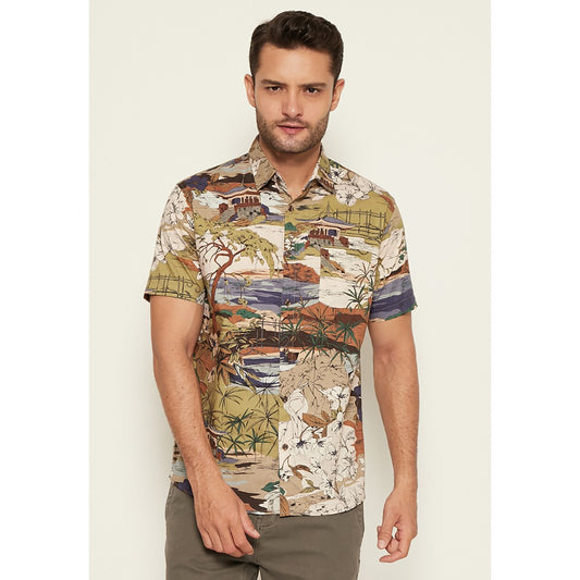 M231 Kemeja Pria Printing Pendek Warna Olive 1676