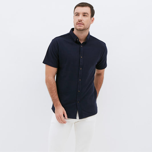M231 Kemeja Pria Cotton Pique Pendek Warna Navy 1793E