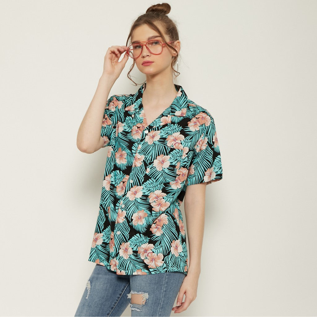 M231 Kemeja Pria Printing Hawaii Pendek Warna Hitam Tosca 0548B