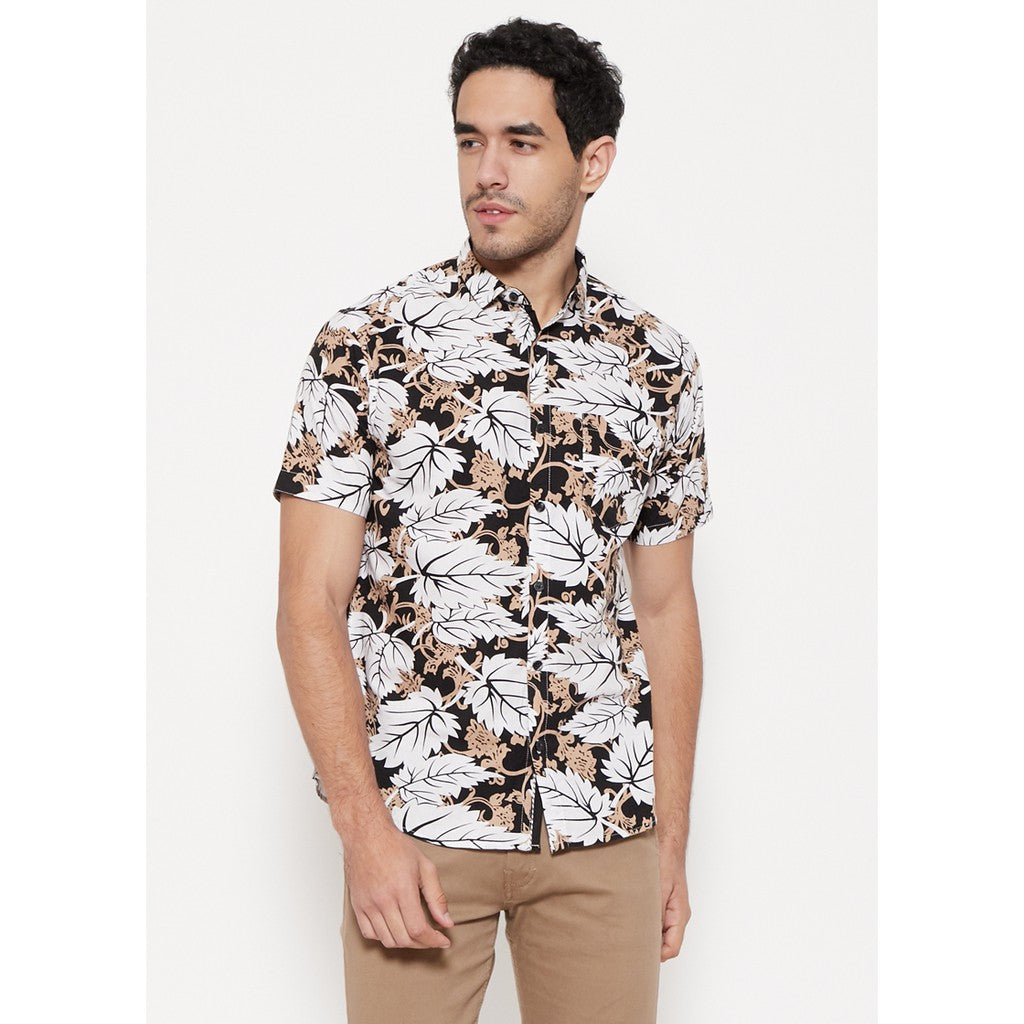 M231 Kemeja Pria Printing Pendek Warna Hitam 1112
