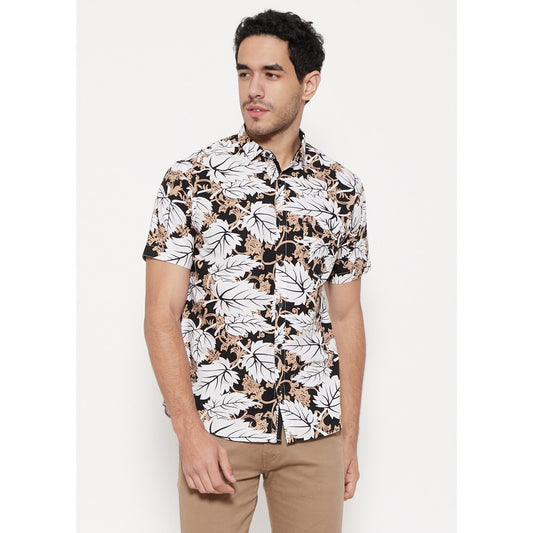 M231 Kemeja Pria Printing Pendek Warna Hitam 1112