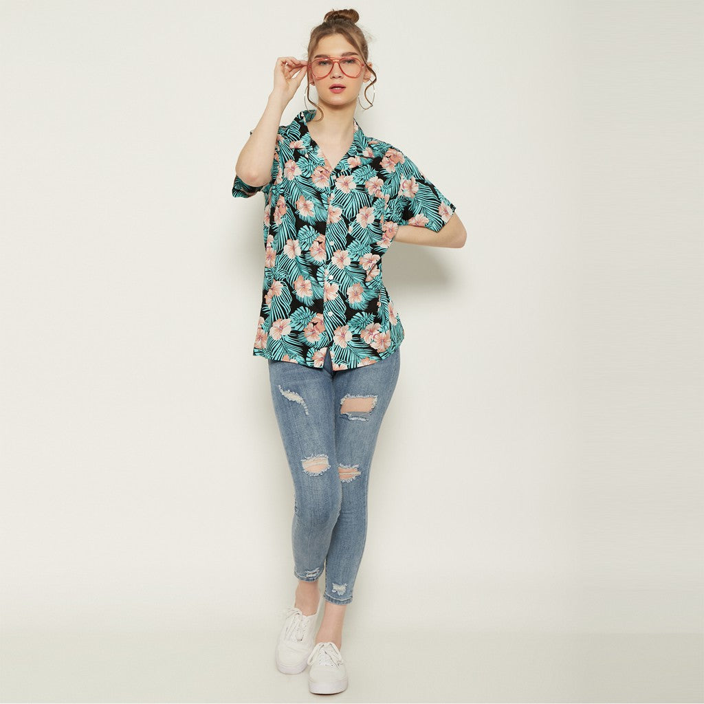 M231 Kemeja Pria Printing Hawaii Pendek Warna Hitam Tosca 0548B