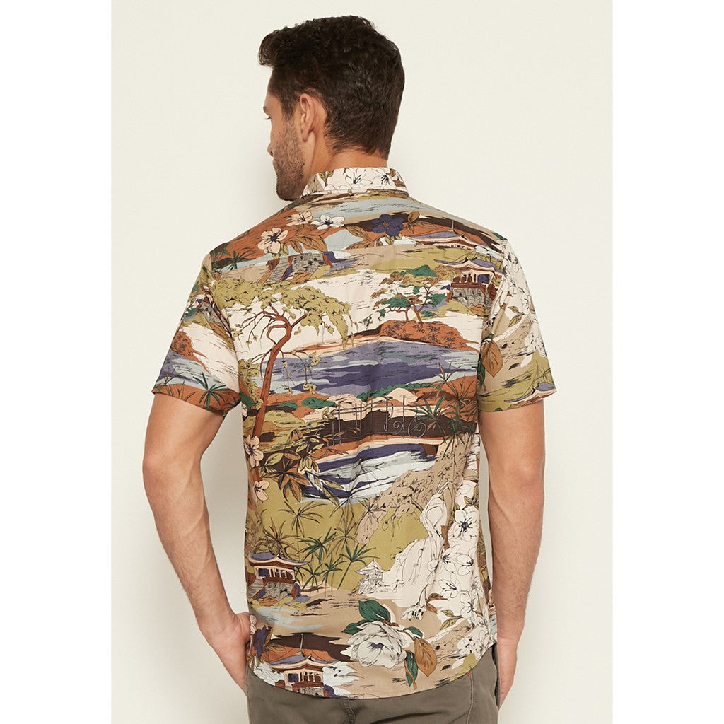M231 Kemeja Pria Printing Pendek Warna Olive 1676