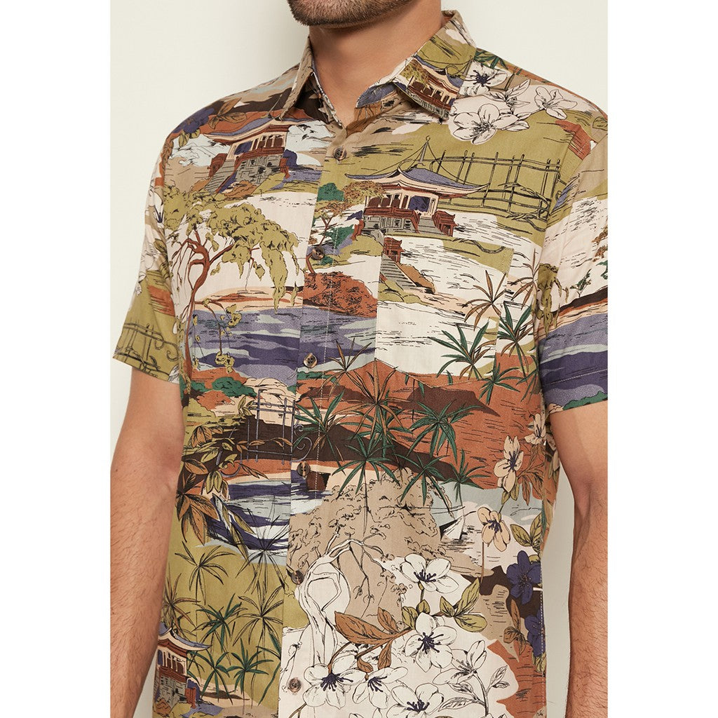 M231 Kemeja Pria Printing Pendek Warna Olive 1676