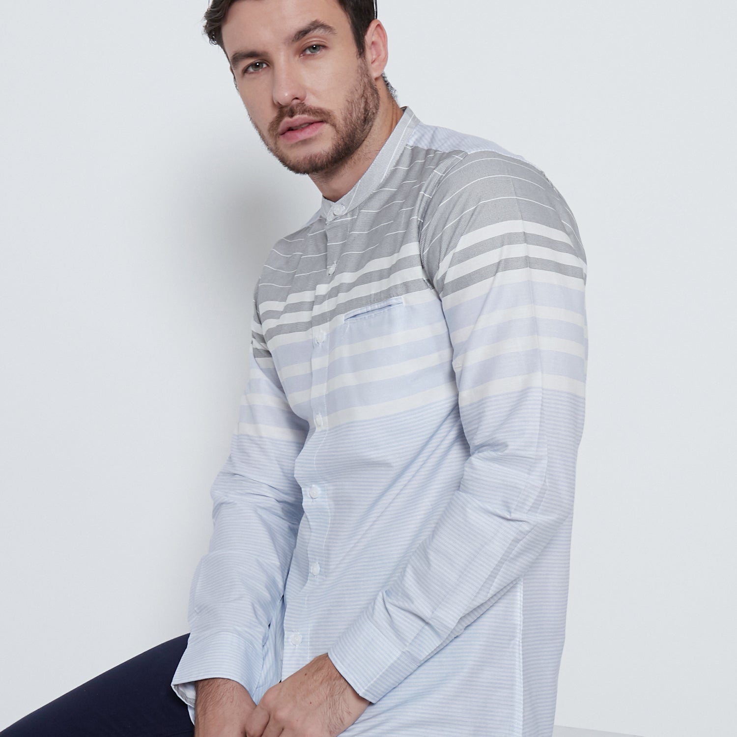 M231 Kemeja Pria Shanghai Salur Stripe Panjang Warna Biru Muda 1712A