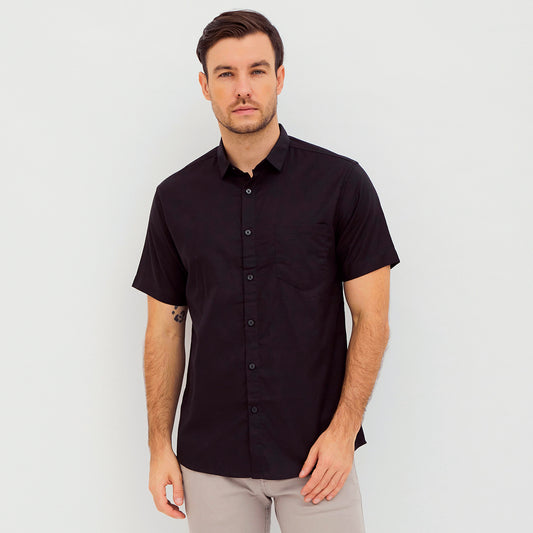 M231 Kemeja Pria Basic Polos Oxford Pendek Hitam 1457H