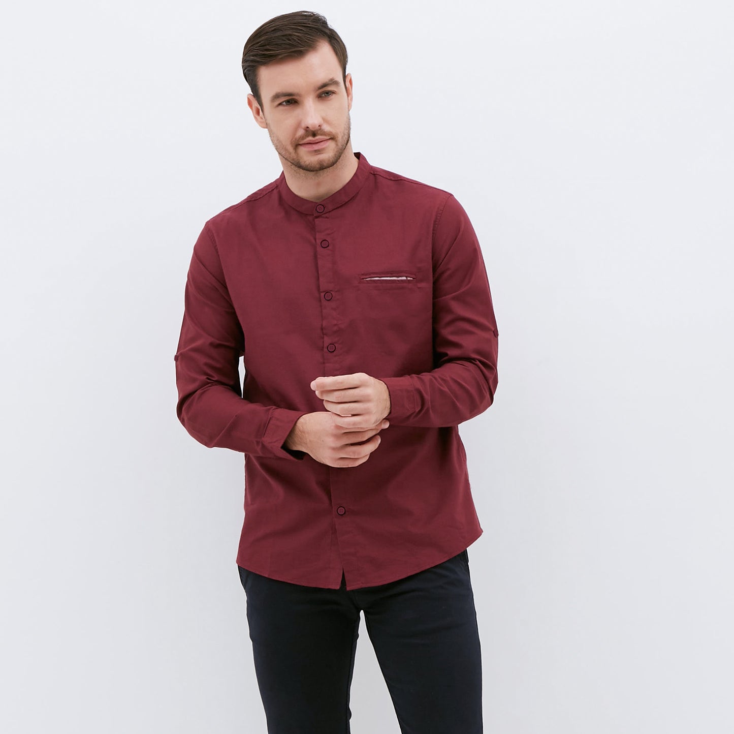 M231 Kemeja Pria Shanghai Polos Oxford Panjang Maroon 1552B