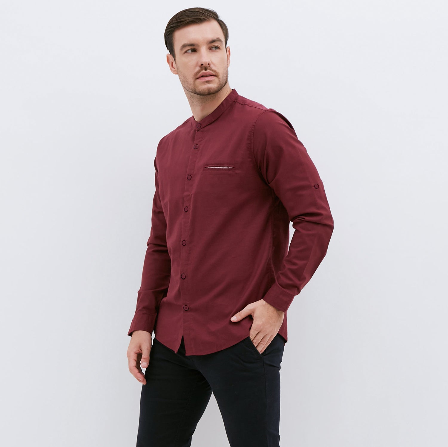 M231 Kemeja Pria Shanghai Polos Oxford Panjang Maroon 1552B