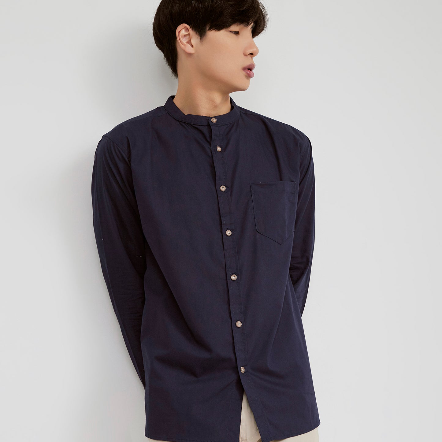 M231 Kemeja Pria Shanghai Polos Oversized Panjang Warna Navy 1985D