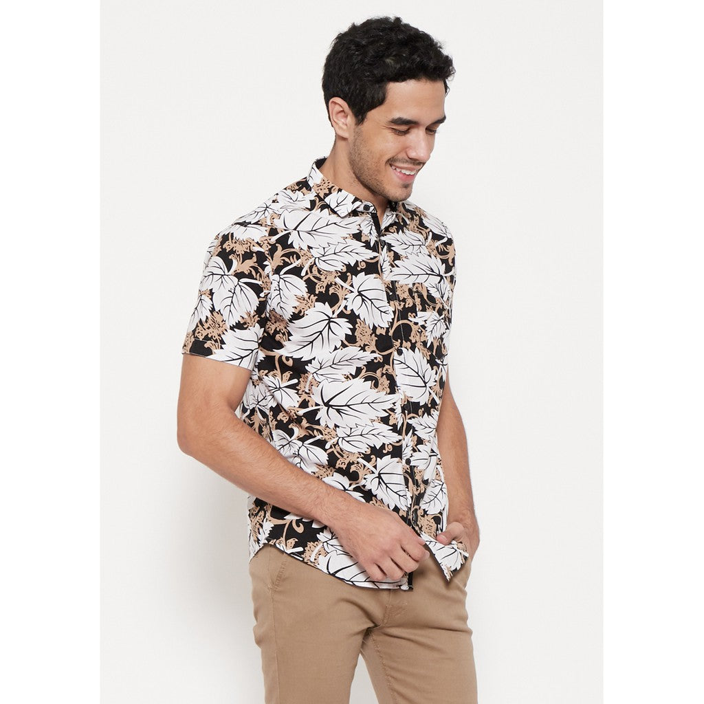M231 Kemeja Pria Printing Pendek Warna Hitam 1112