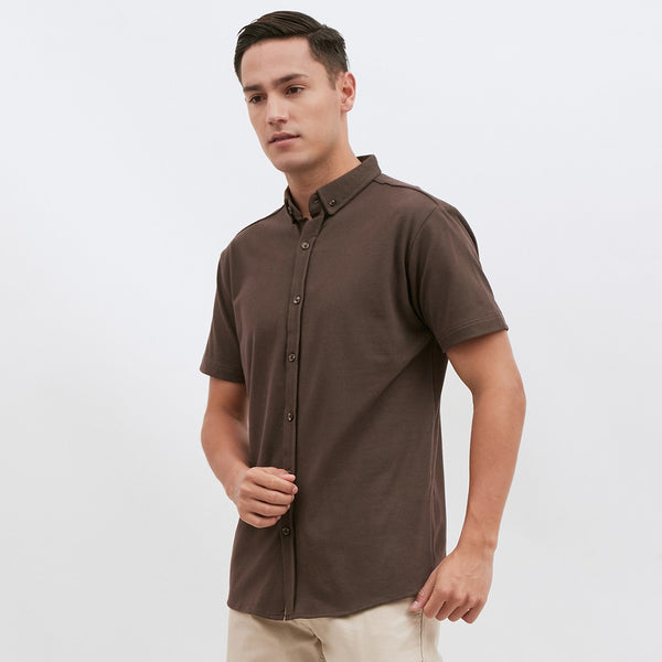 M231 Kemeja Pria Cotton Pique Pendek Warna Coklat 1793G