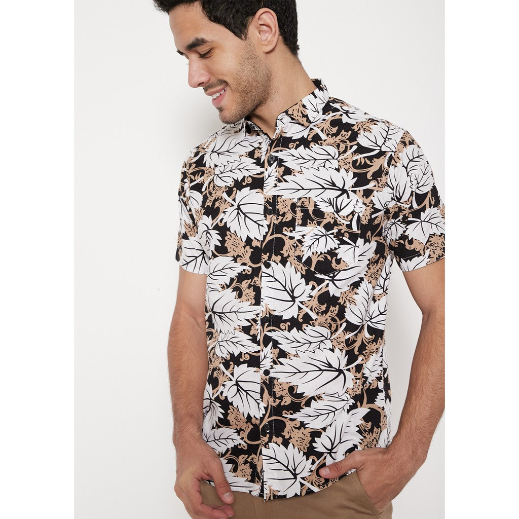 M231 Kemeja Pria Printing Pendek Warna Hitam 1112