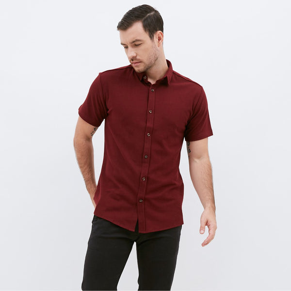 M231 Kemeja Pria Cotton Pique Pendek Warna Maroon 1793A