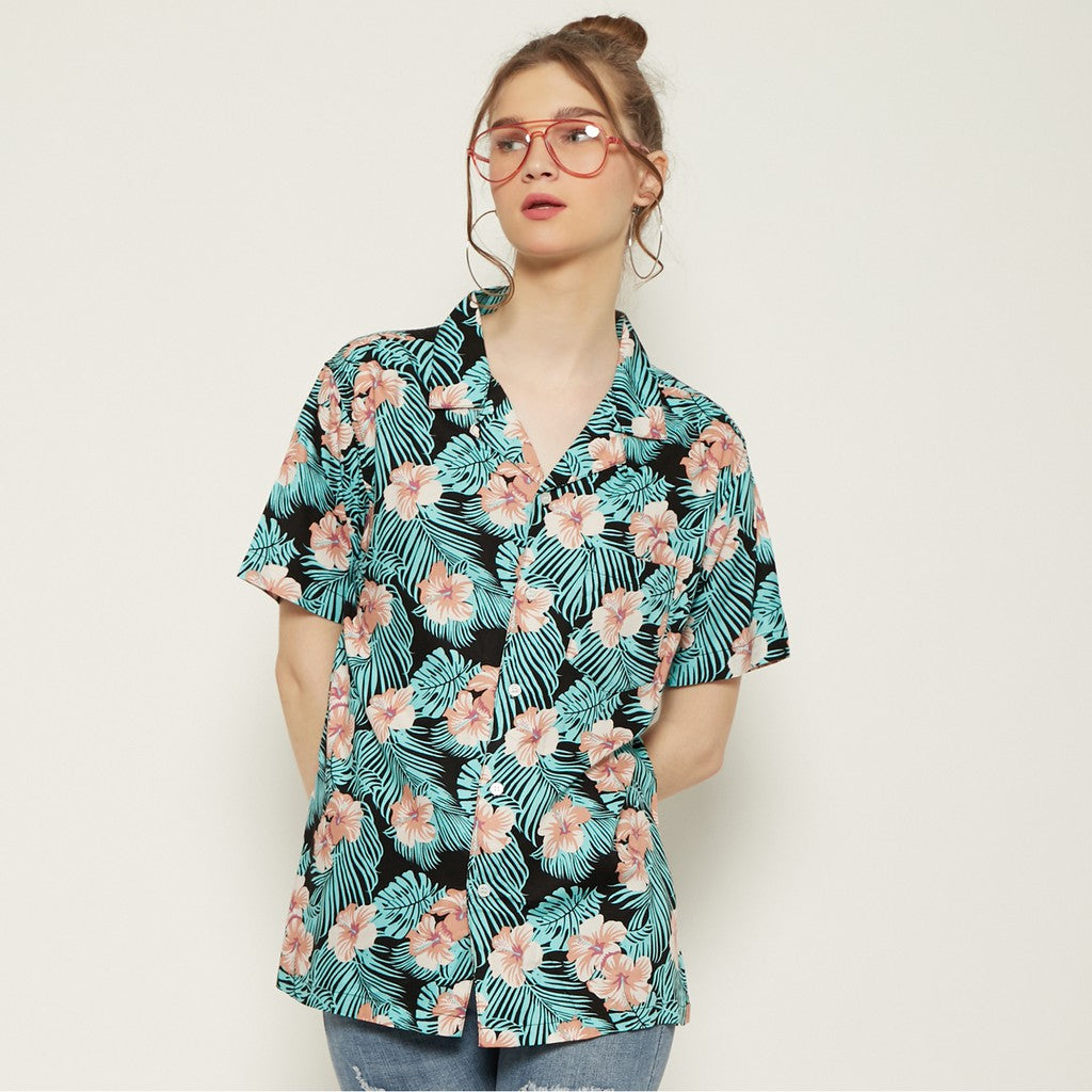 M231 Kemeja Pria Printing Hawaii Pendek Warna Hitam Tosca 0548B